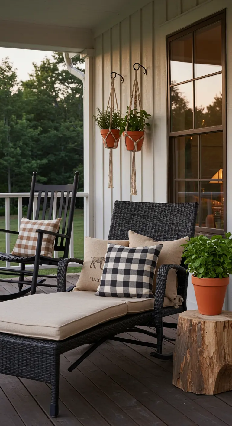 A dark rattan lounger on a porch with buffalo check pillows and a tree stump table.