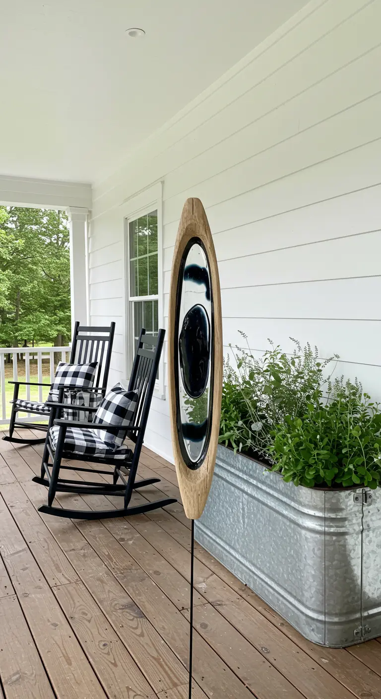 A modern, freestanding wood and black resin totem on a modern farmhouse porch.