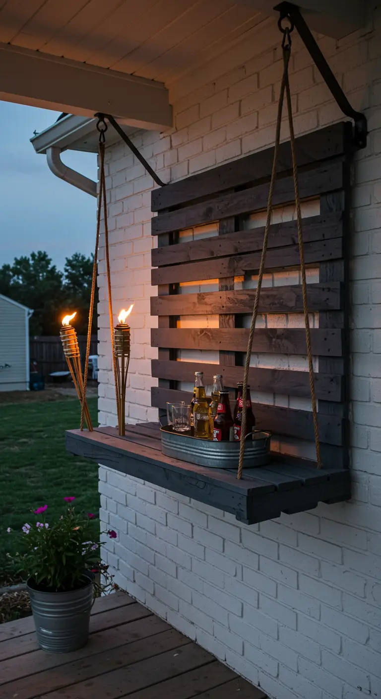 A gray suspended pallet bar hangs in front of a matching slatted wood wall on a brick house.