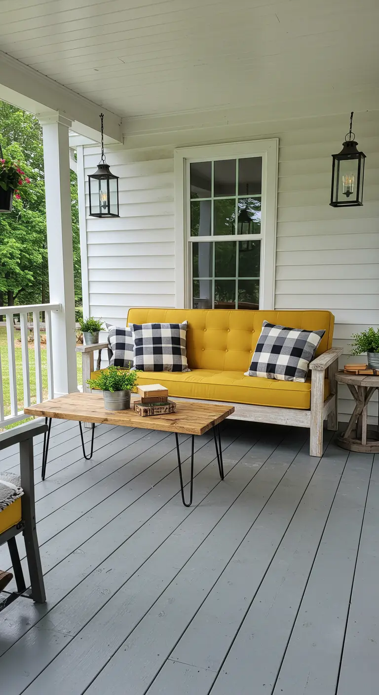A mustard-cushioned sofa on a farmhouse porch with buffalo check pillows and black lanterns.