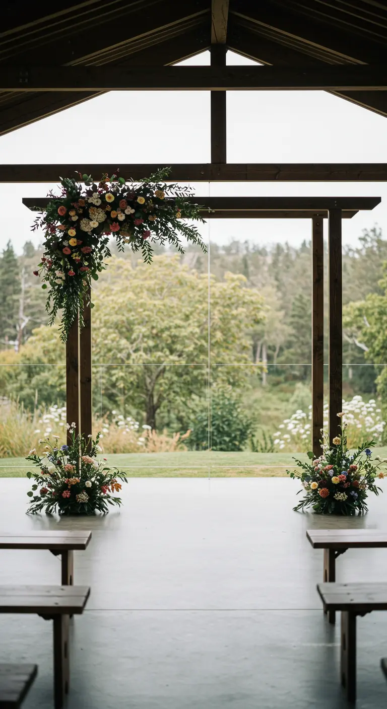 A modern, minimalist wooden arch with one floral arrangement, overlooking a garden.