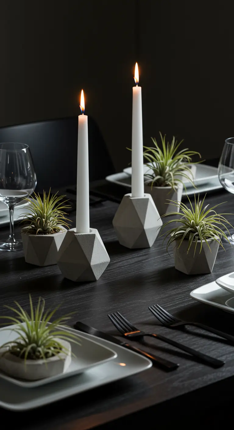 Geometric concrete holders with white taper candles next to small air plants on a modern table.