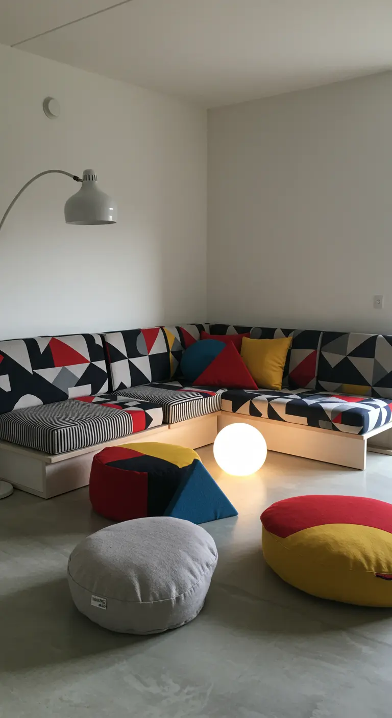 Modern living room with a geometric pattern sectional sofa, colorful pillows, and round and triangular floor cushions.