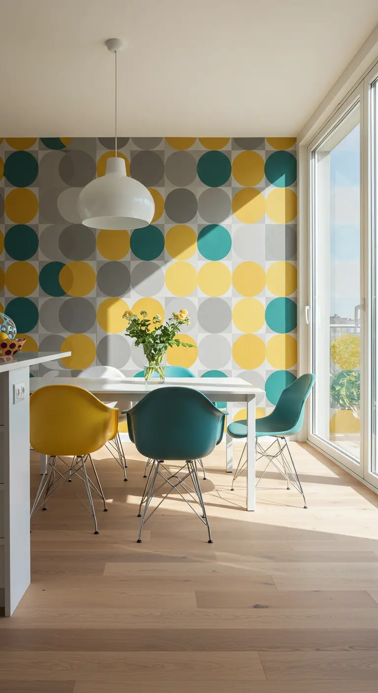 Dining area with geometric circle wallpaper and mismatched yellow and teal chairs.