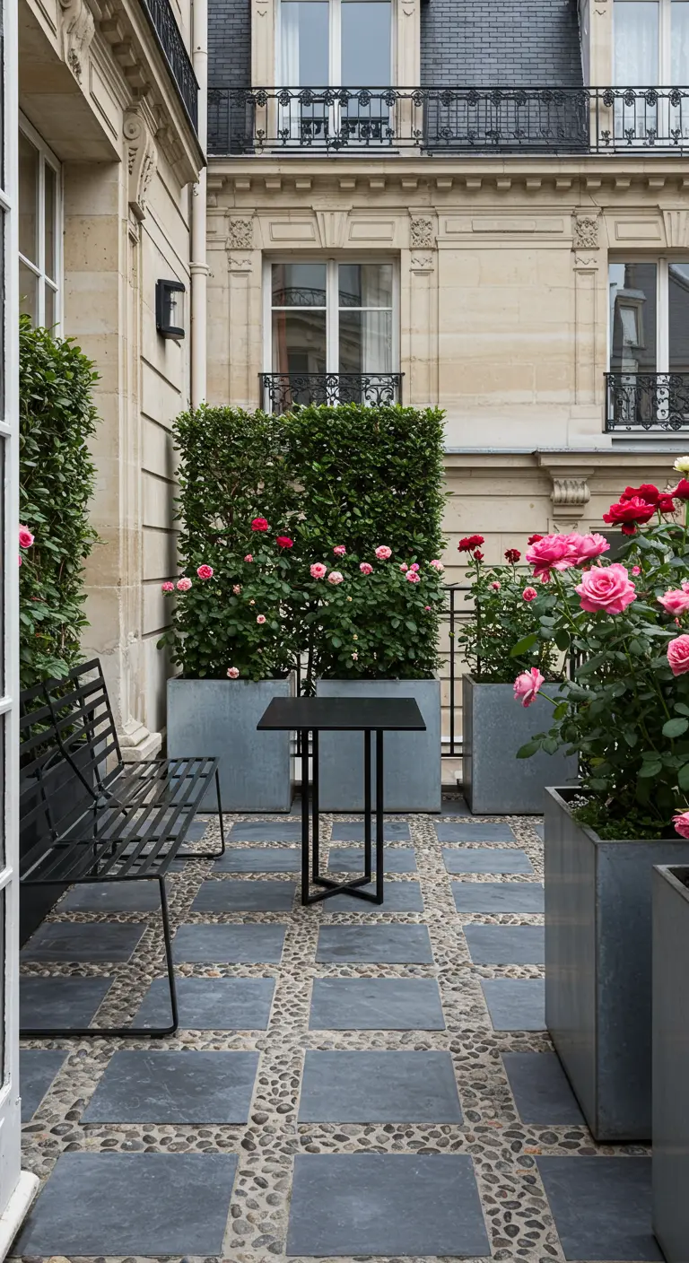 A balcony with a geometric floor of slate and pebbles, with rose bushes and boxwood hedges.