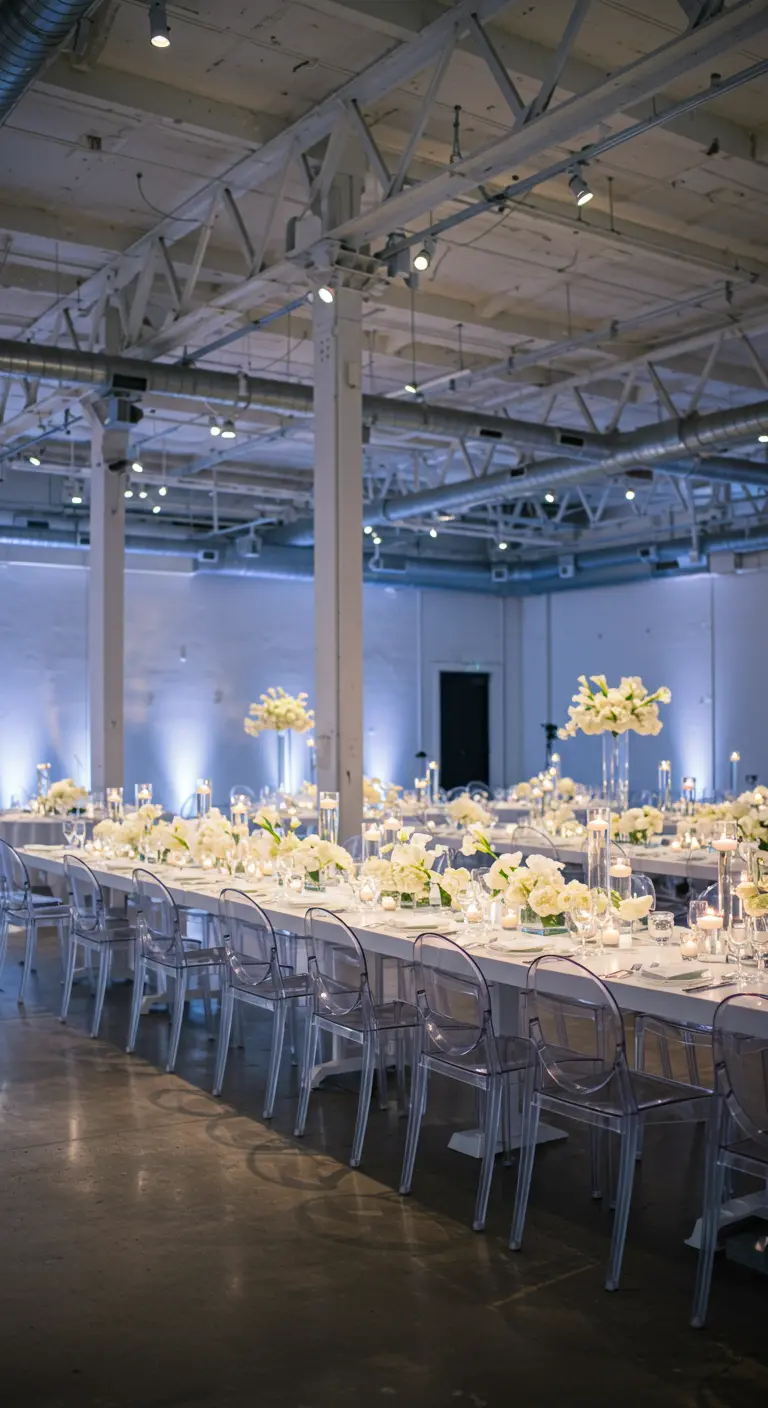 Modern industrial venue with long white tables, ghost chairs, and minimalist floral decor.