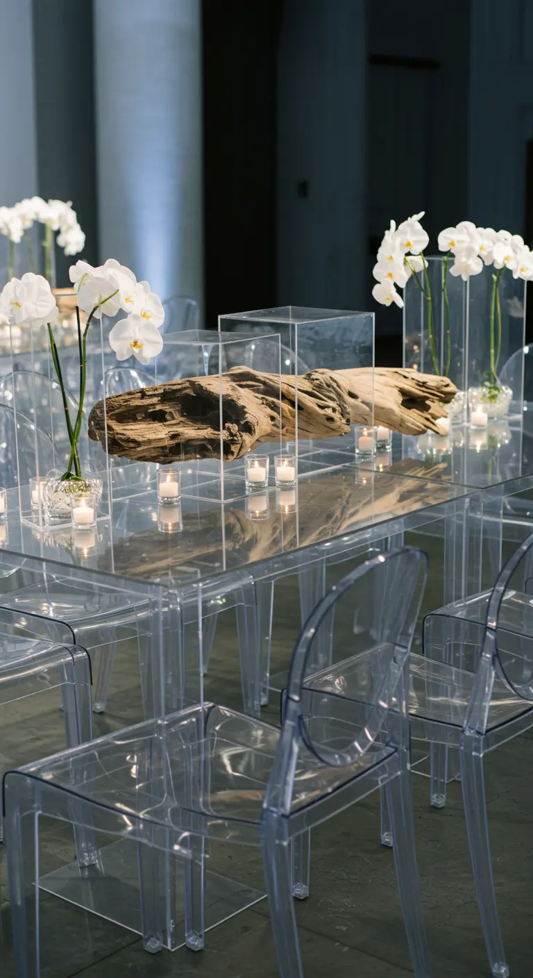 A modern lucite table and chairs with a large driftwood centerpiece inside clear acrylic boxes.