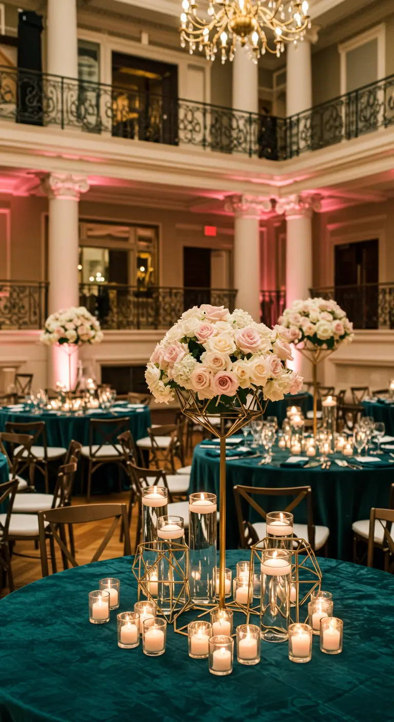Wedding table with a teal velvet cloth and a tall, geometric gold centerpiece holding pink roses.