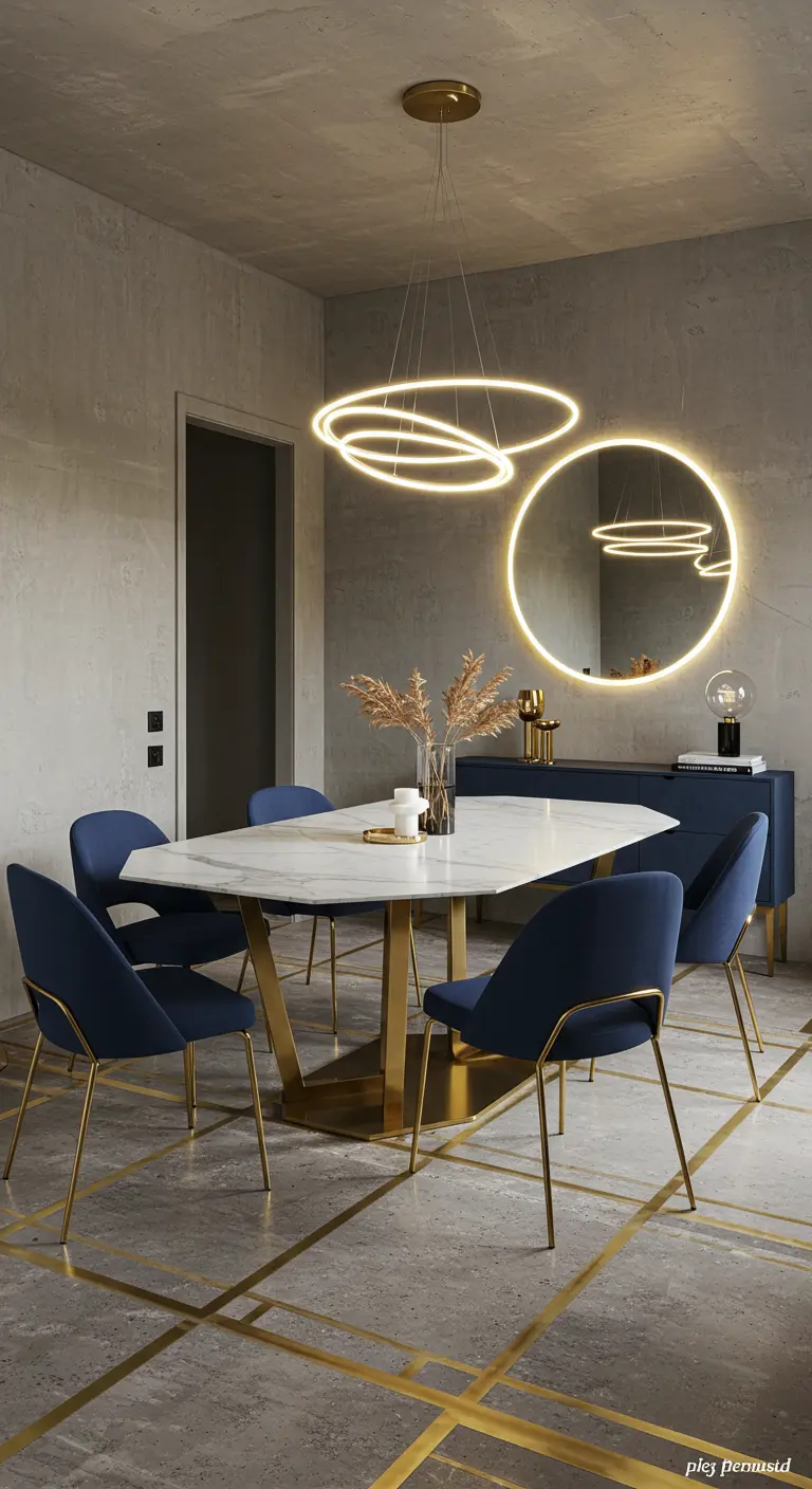Glamorous dining room with blue velvet chairs, a marble table, and gold accents on the floor.