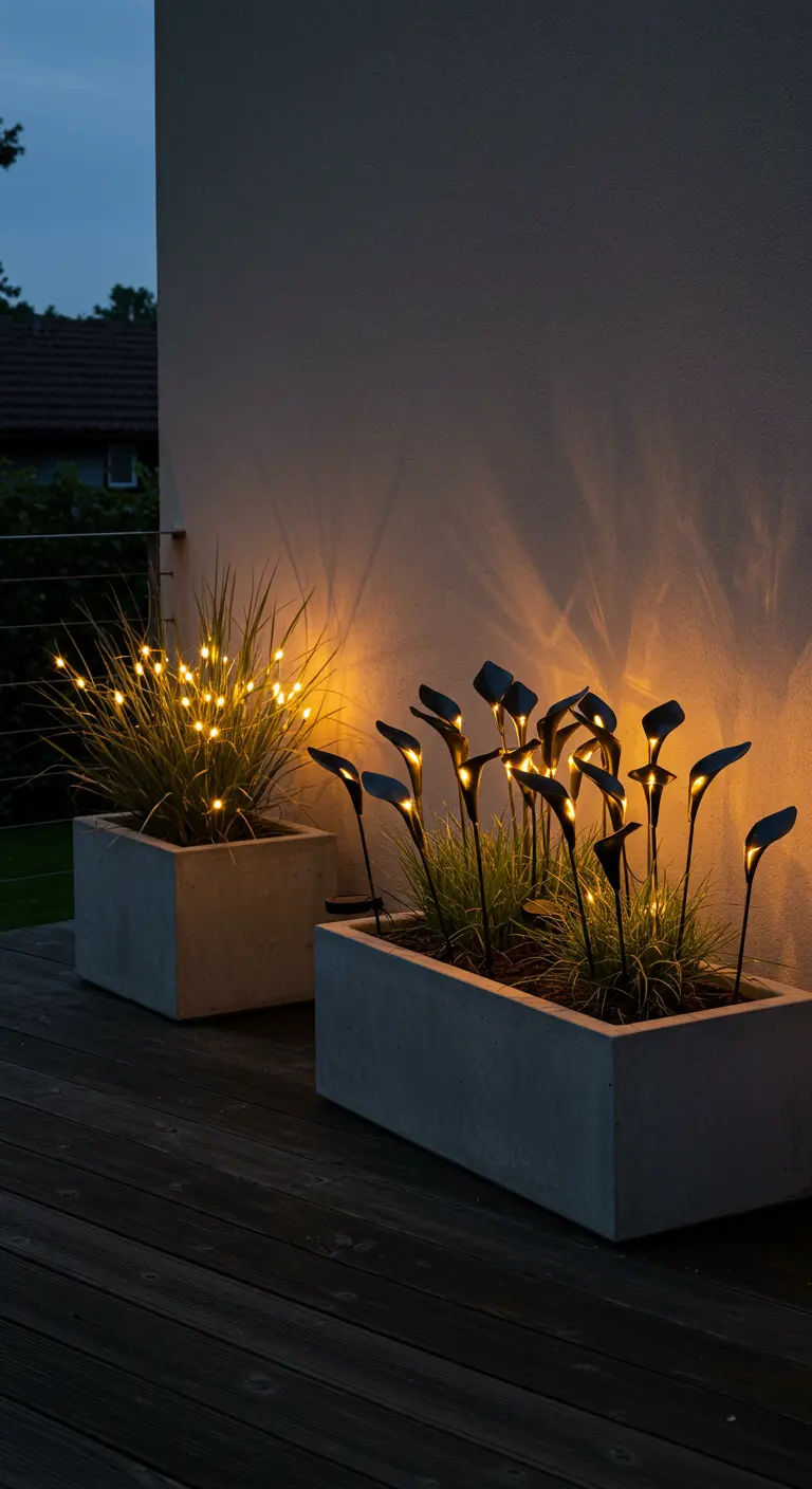 Warm solar flower lights in modern concrete planters on a wooden deck at dusk.