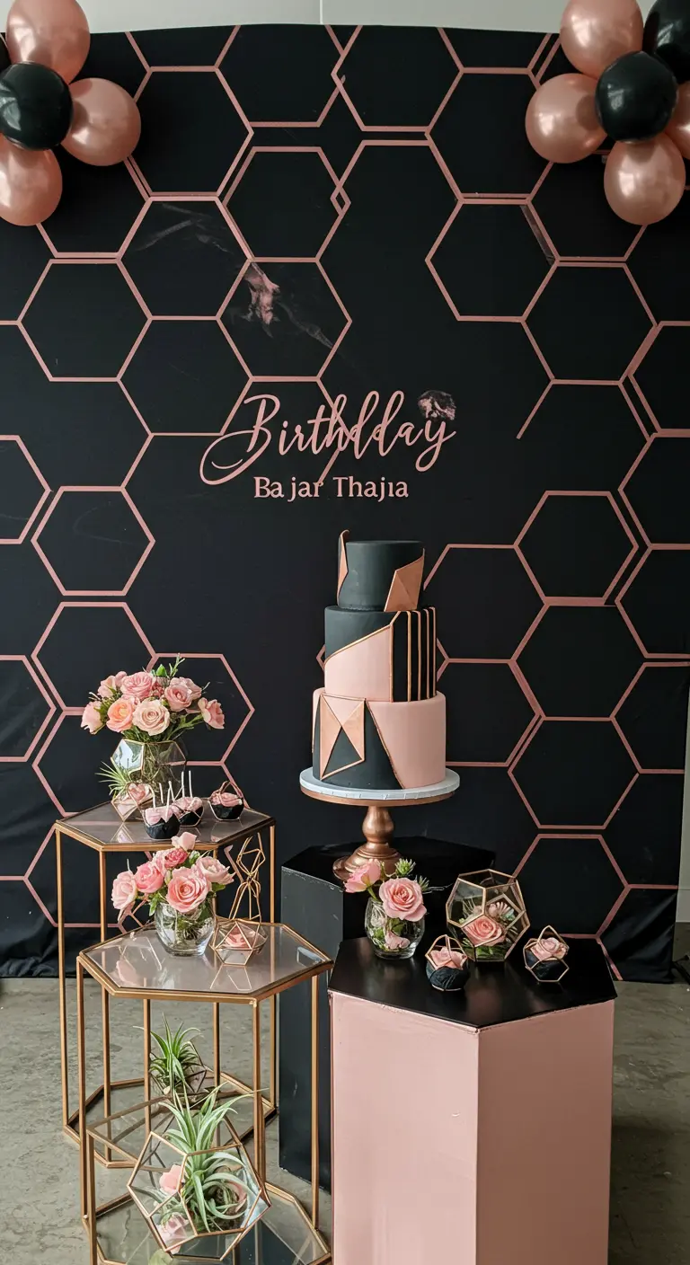 A black backdrop with a rose gold honeycomb pattern behind a modern cake display.