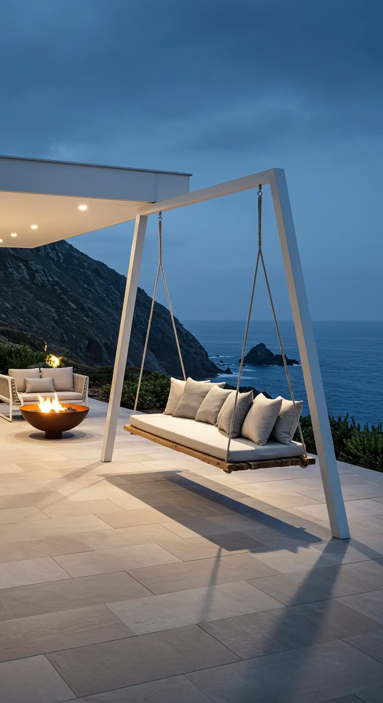 Modern swing bench with neutral cushions on a patio overlooking a cliffside ocean view.