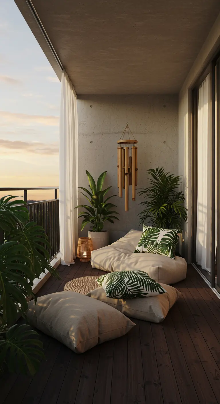Modern balcony with concrete walls, wood floors, and tropical plants.