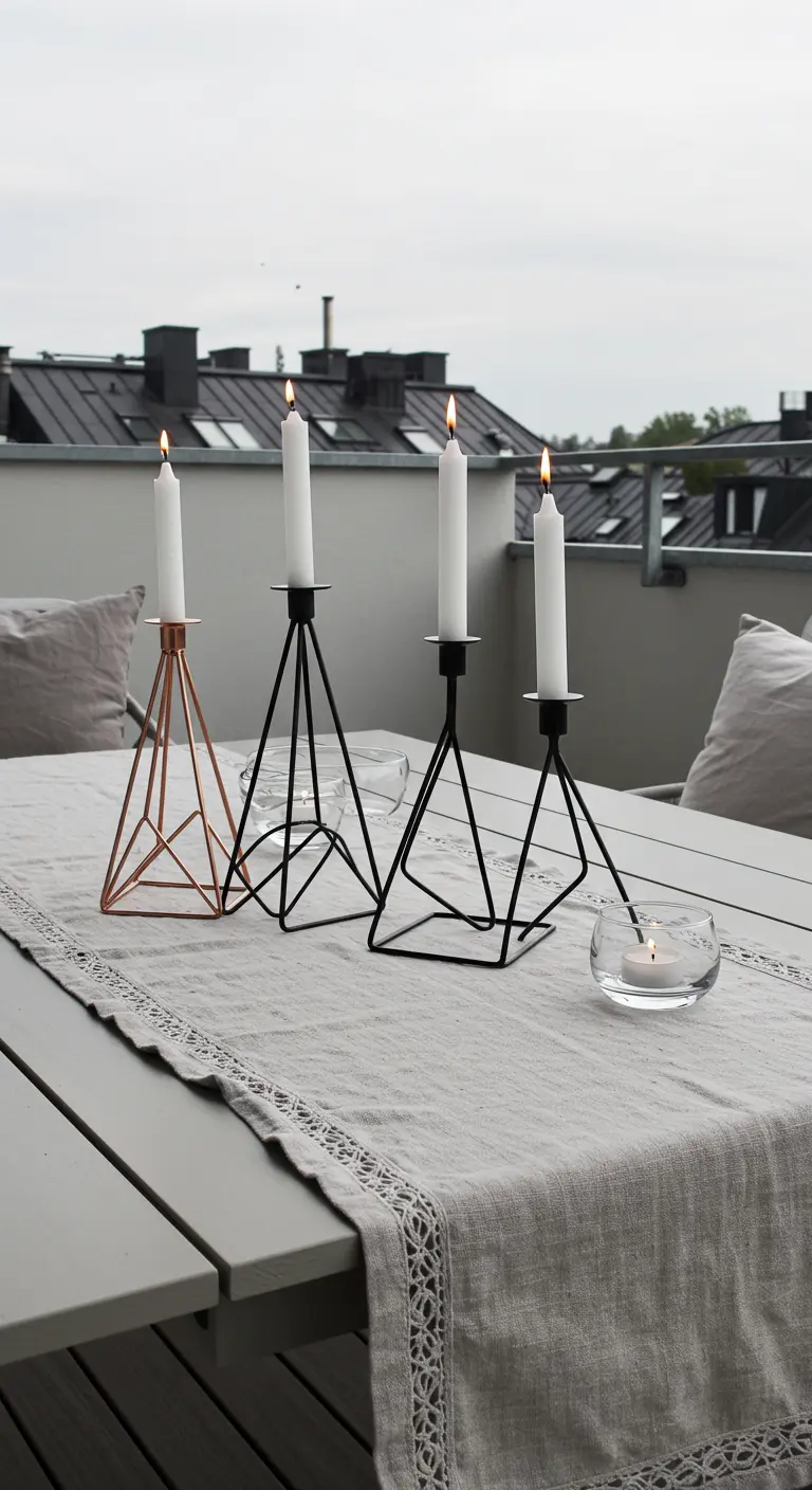 A modern balcony table with a simple runner and contemporary geometric wire candle holders.