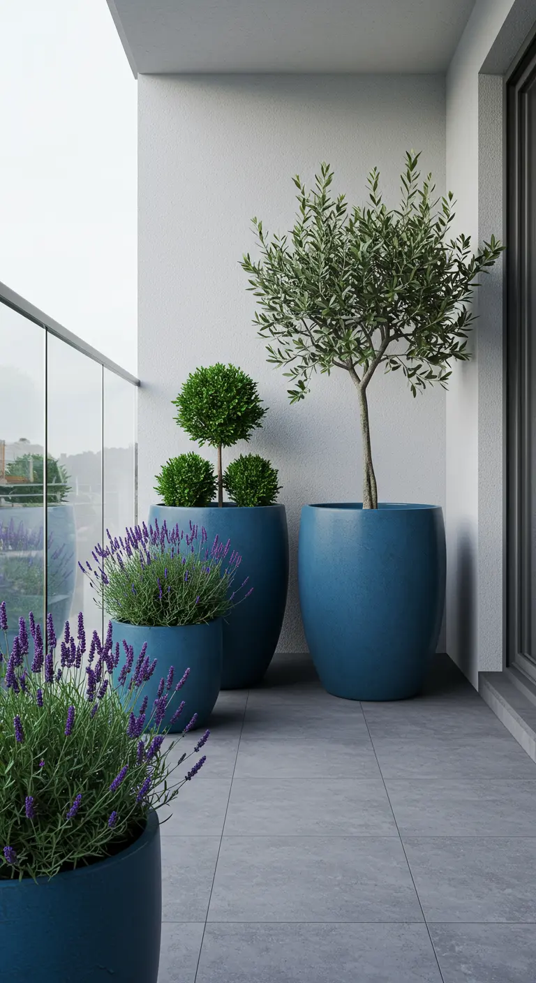 Modern balcony with olive tree and lavender in matte blue-grey pots on grey tiles.