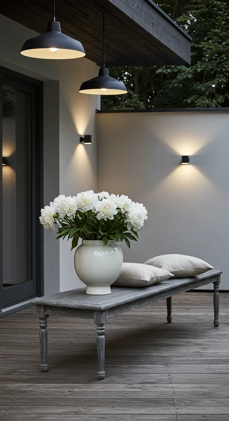 A modern grey bench with white peonies on a deck with contemporary lighting.