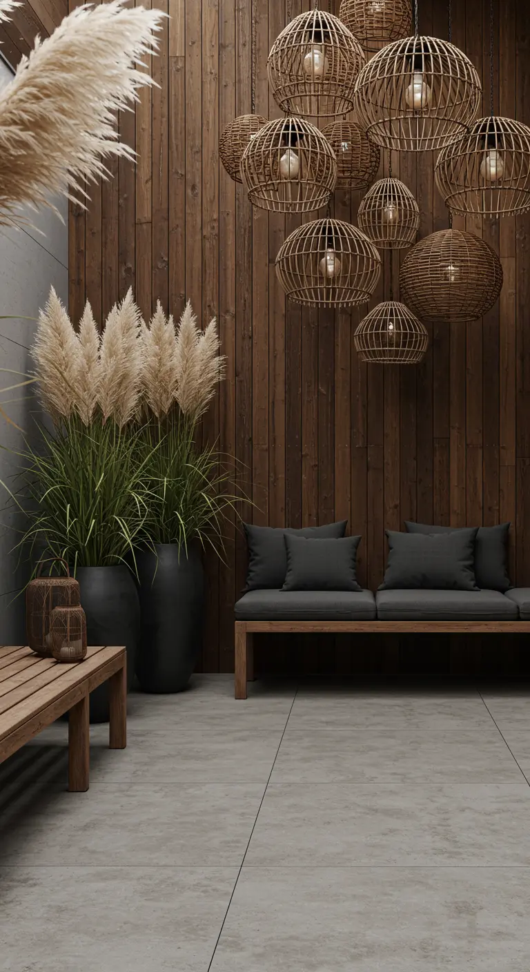 Modern patio with a wood wall, teak sofa, pampas grass, and spherical wicker pendants.