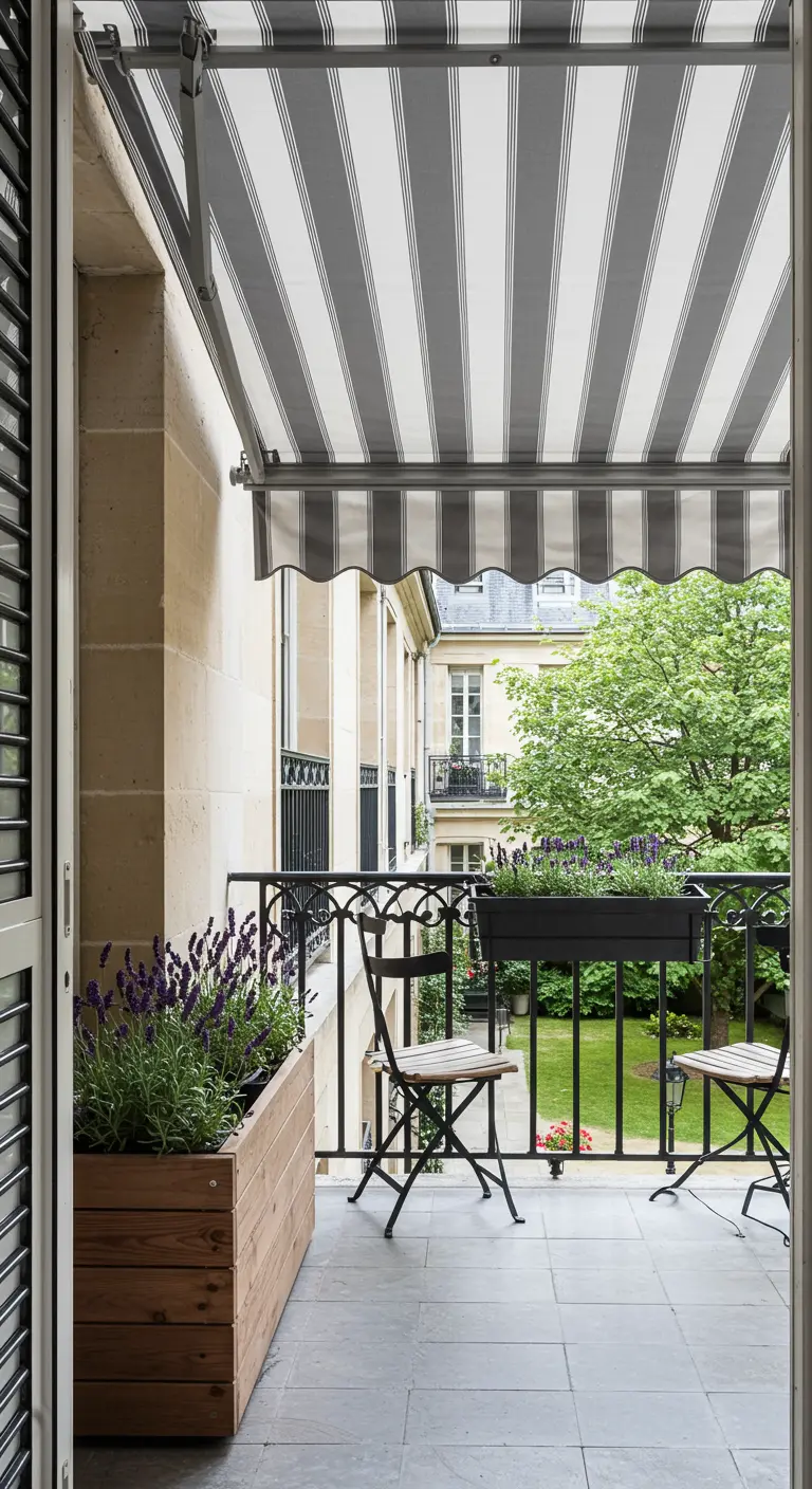 A modern wooden planter box on a minimalist balcony with a black bistro set.