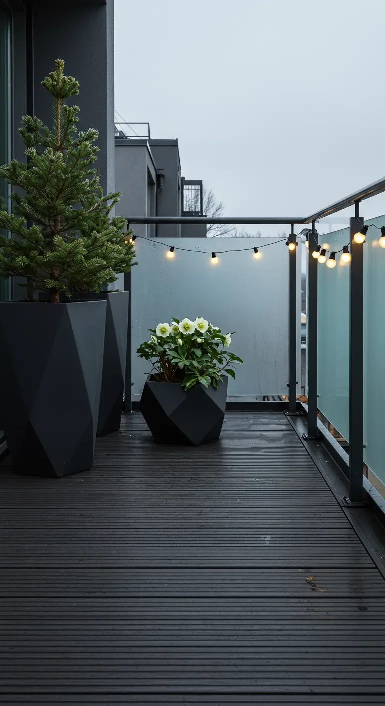 A minimalist balcony with two geometric black planters holding a small fir and white hellebores.