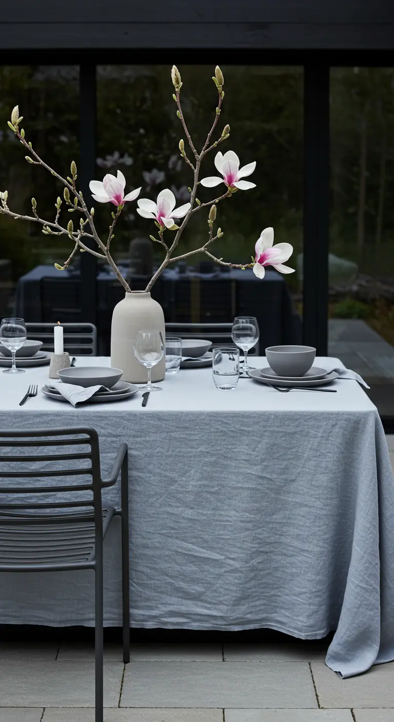 Minimalist table with a grey linen cloth and a vase of magnolia branches.