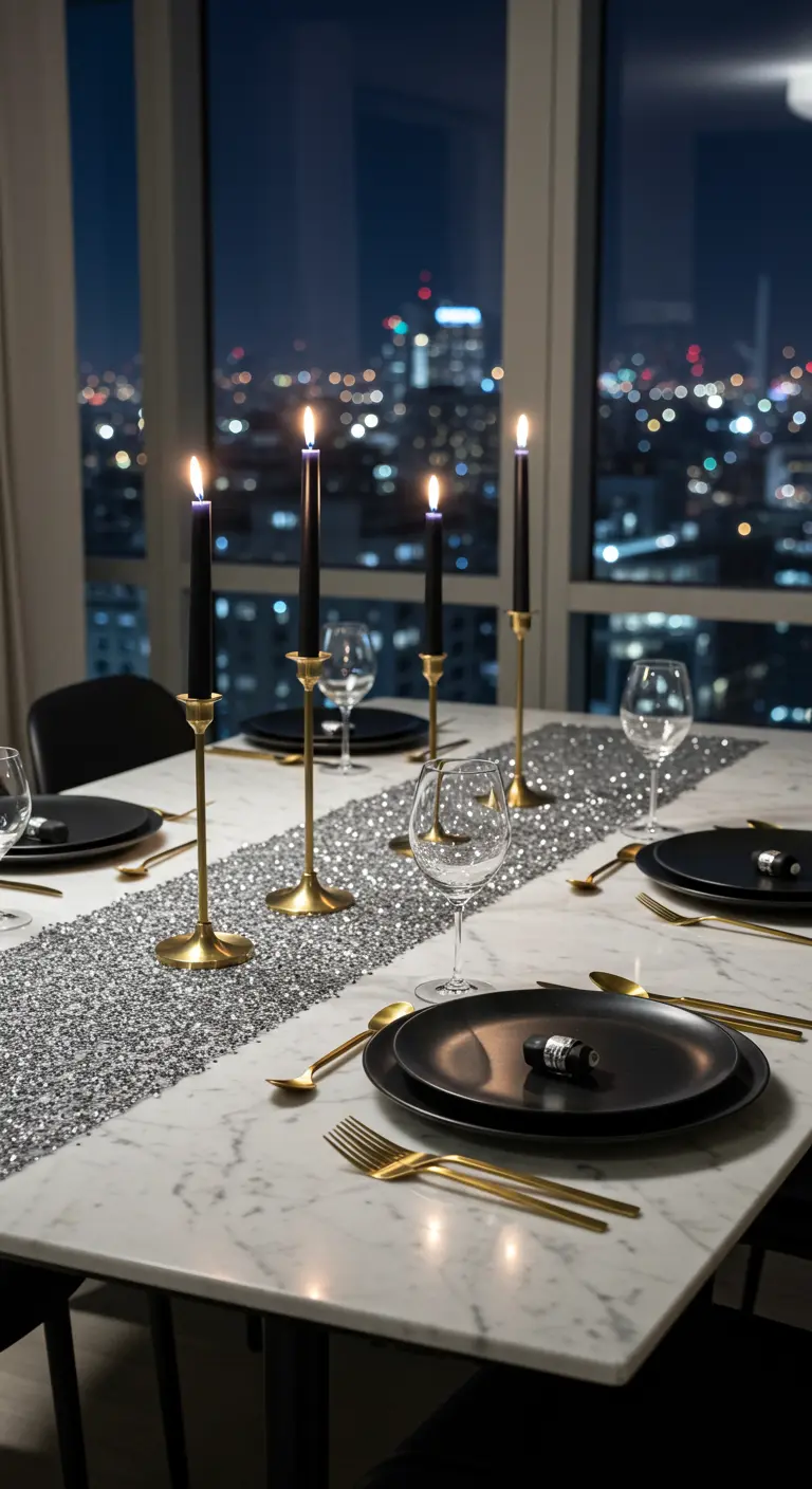 A modern marble table with a silver glitter runner, black plates, and tall black candles.