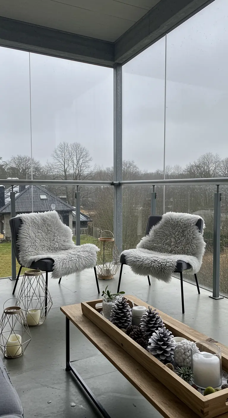 Modern balcony with sleek chairs covered in white fluffy throws and pinecones on a table.