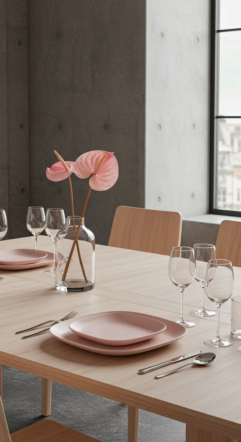Minimalist table setting with two pink anthurium flowers in a clear glass vase.