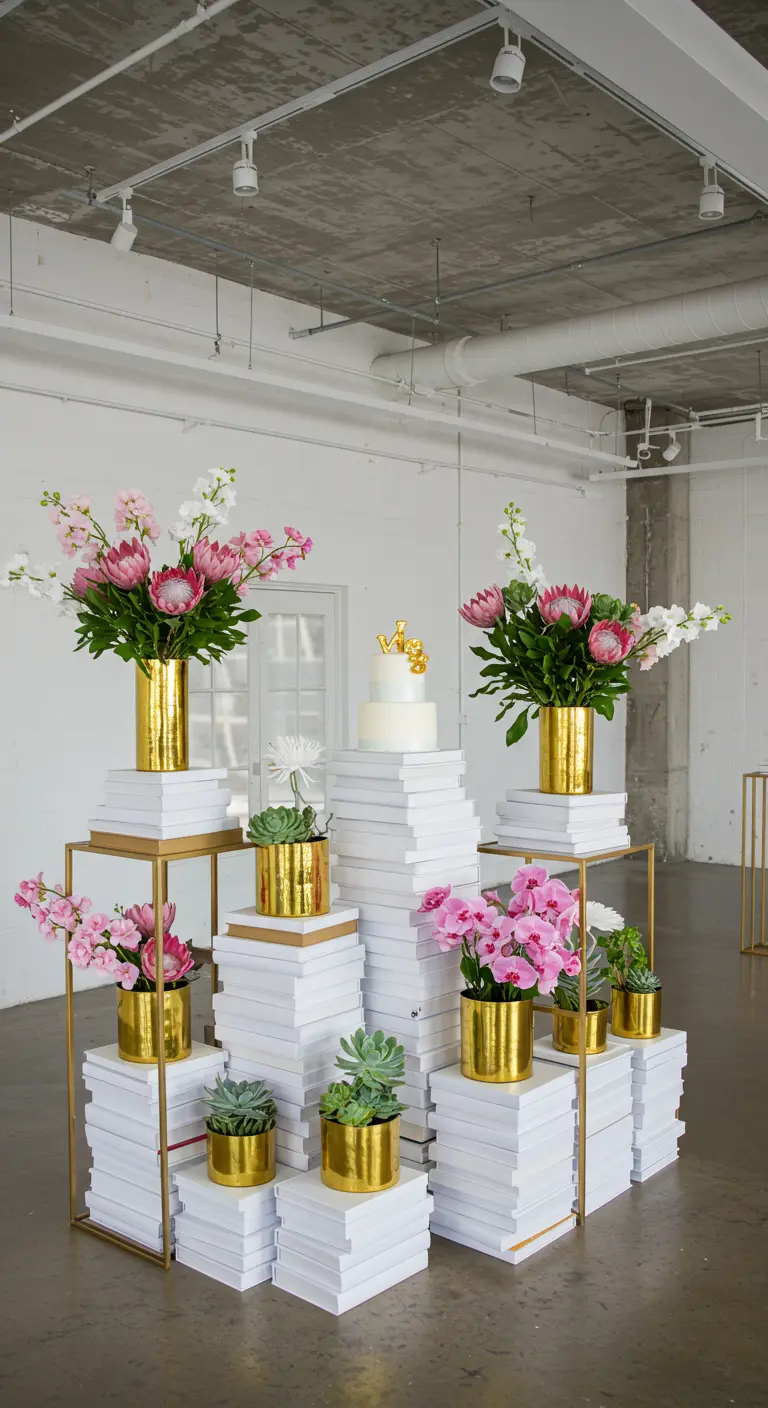 Modern room with white book stacks, gold planters with succulents and pink protea flowers.