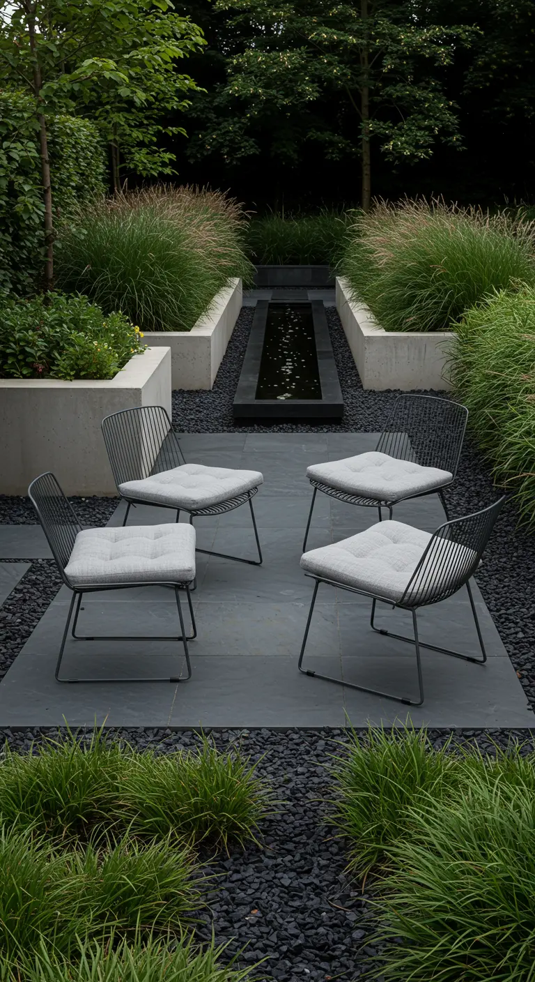 Four black wireframe chairs with gray cushions on a slate patio surrounded by dark gravel and ornamental grasses.
