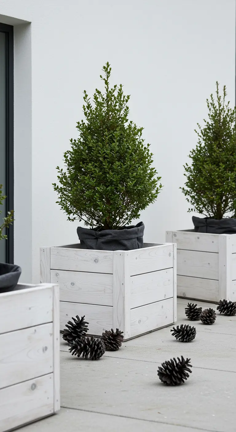 White wooden planters with boxwood and scattered dark pinecones on a modern patio.