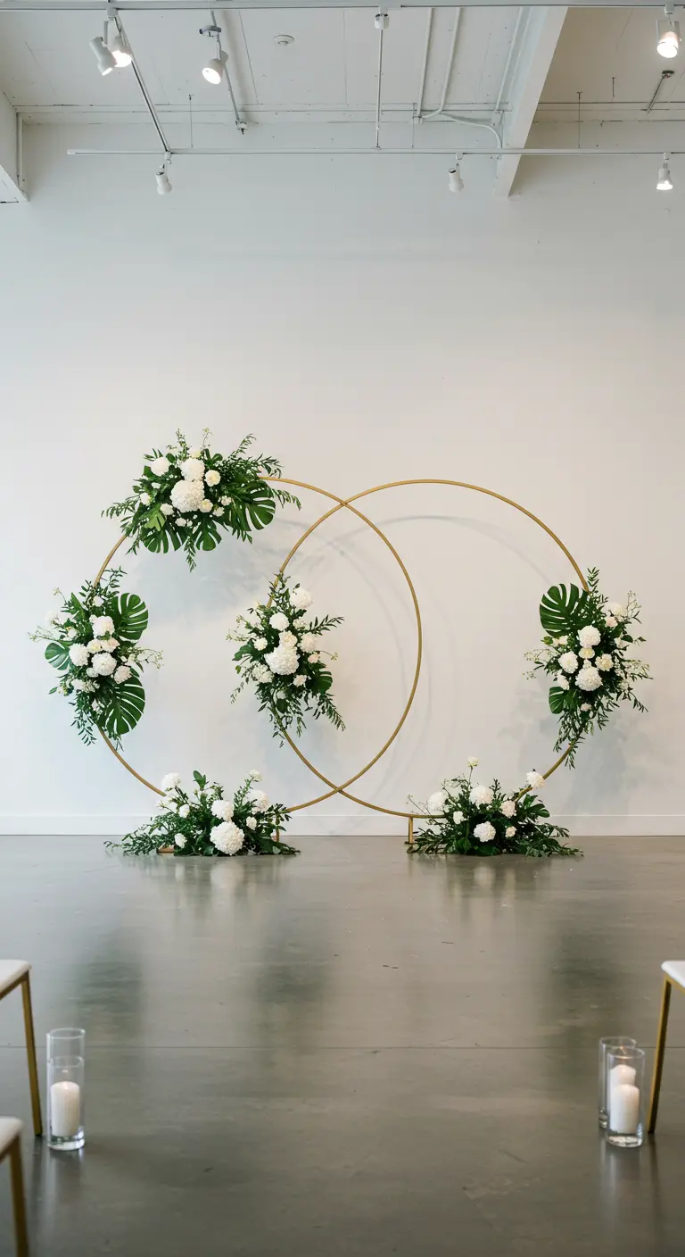 Two overlapping gold hoops decorated with modern arrangements of white flowers and greenery.