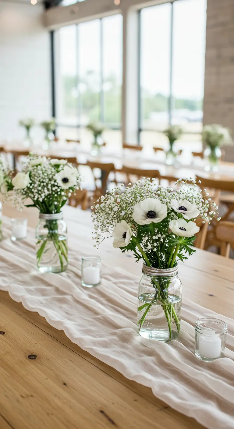 A modern wedding table with a sheer runner, Mason jars of white anemones, and baby's breath.