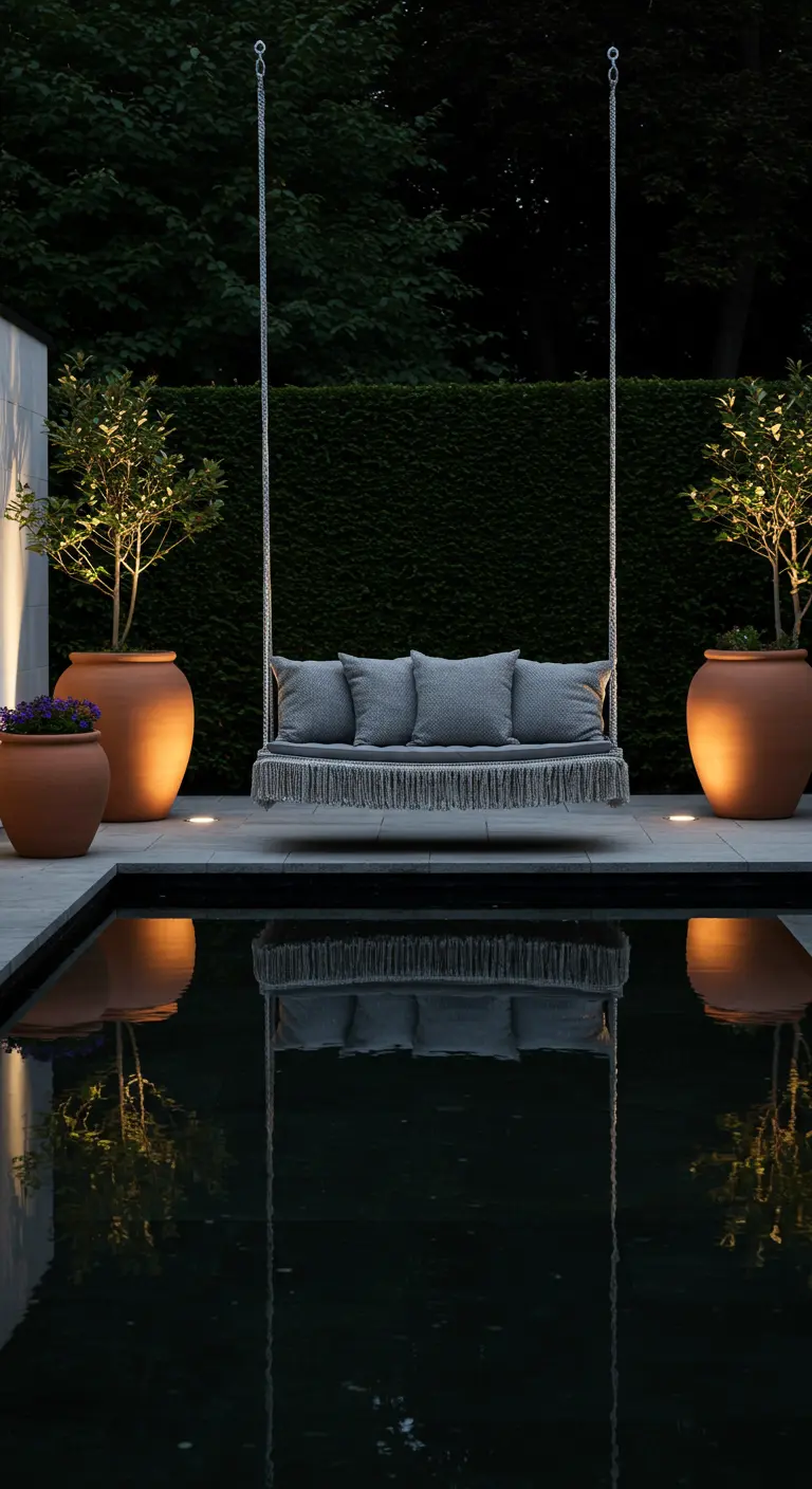 Grey fringed swing reflected in a dark pool at night with uplighting.