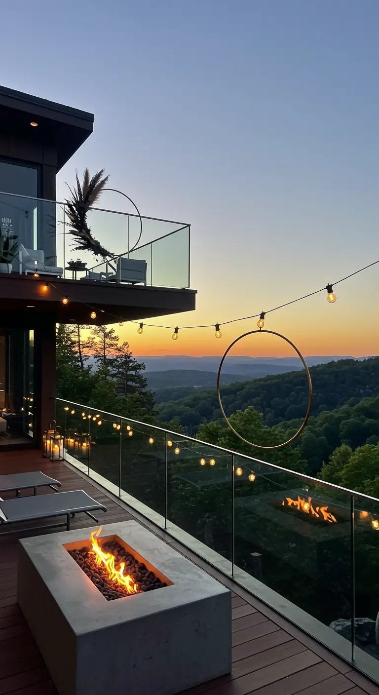 A modern balcony with a concrete fire pit, glass railings, and minimalist hoop wreaths.