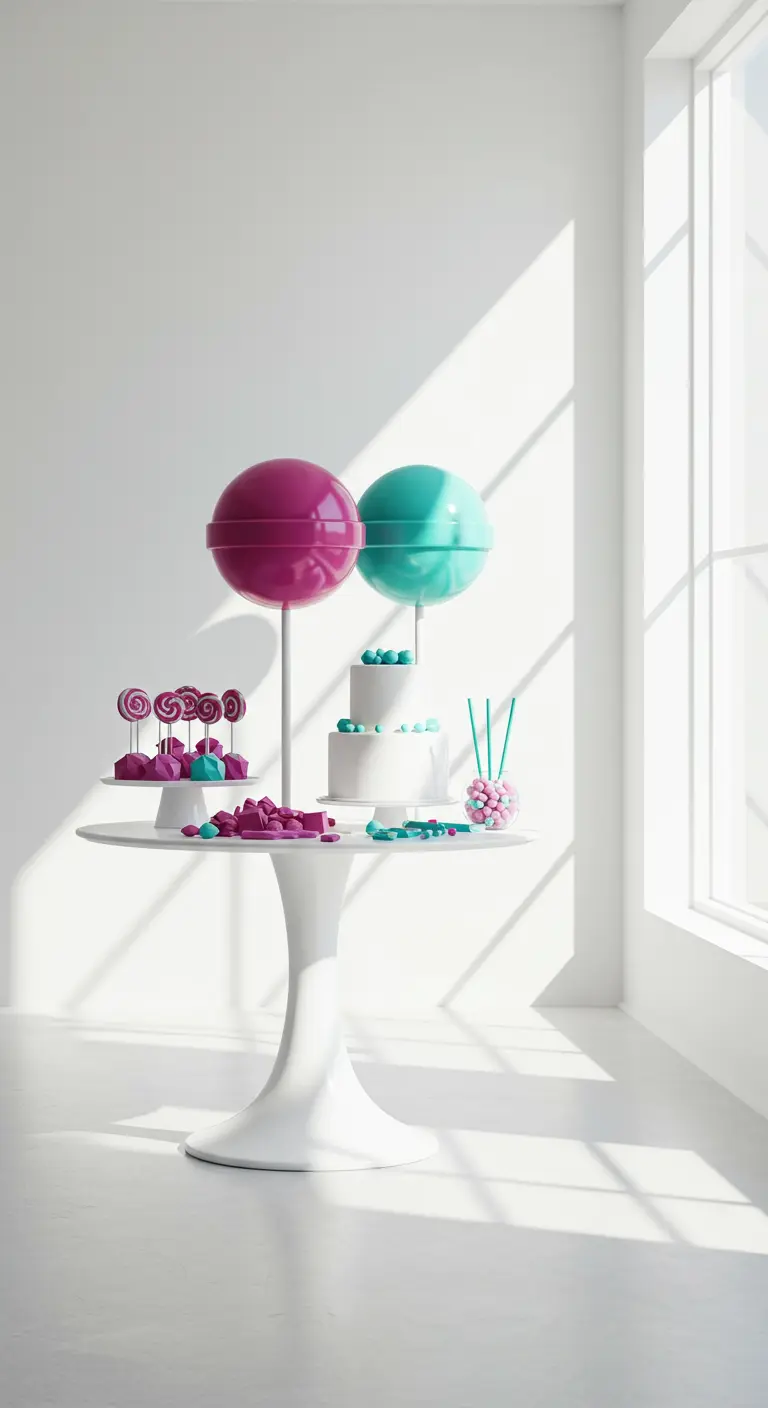 Minimalist candy display with two large lollipops on a sleek white pedestal table.
