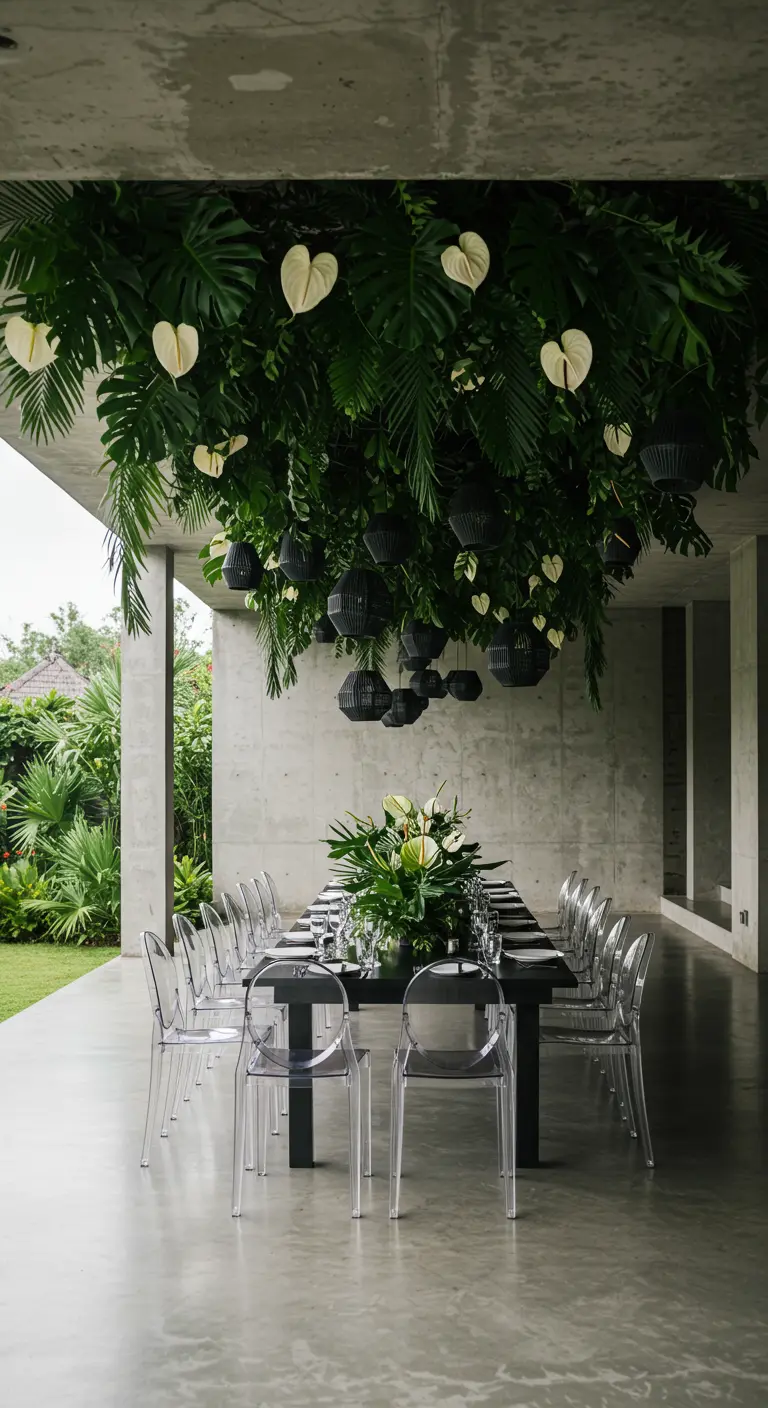 A modern dining setup with a lush green canopy of monstera leaves hanging from a concrete ceiling.