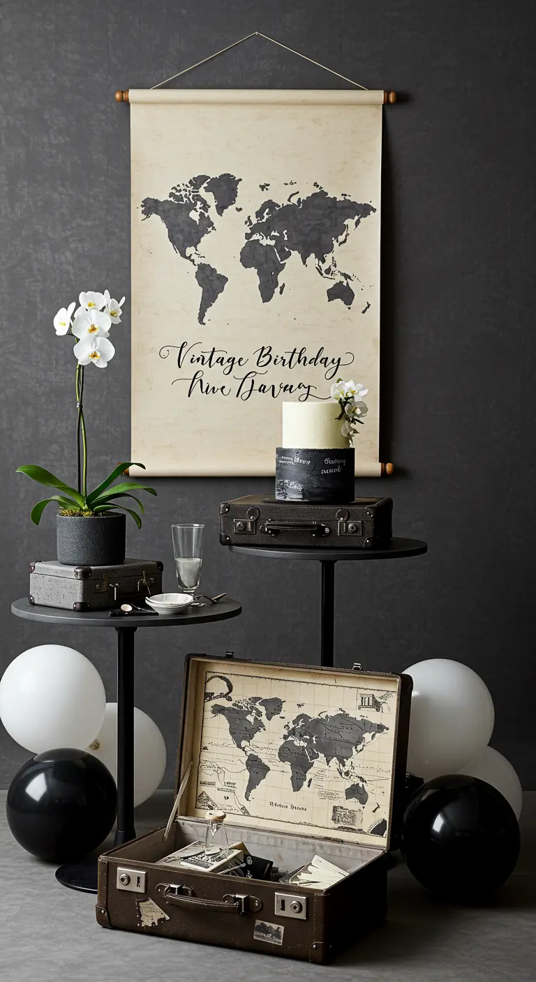 Minimalist black and white travel theme with a map scroll and balloons.