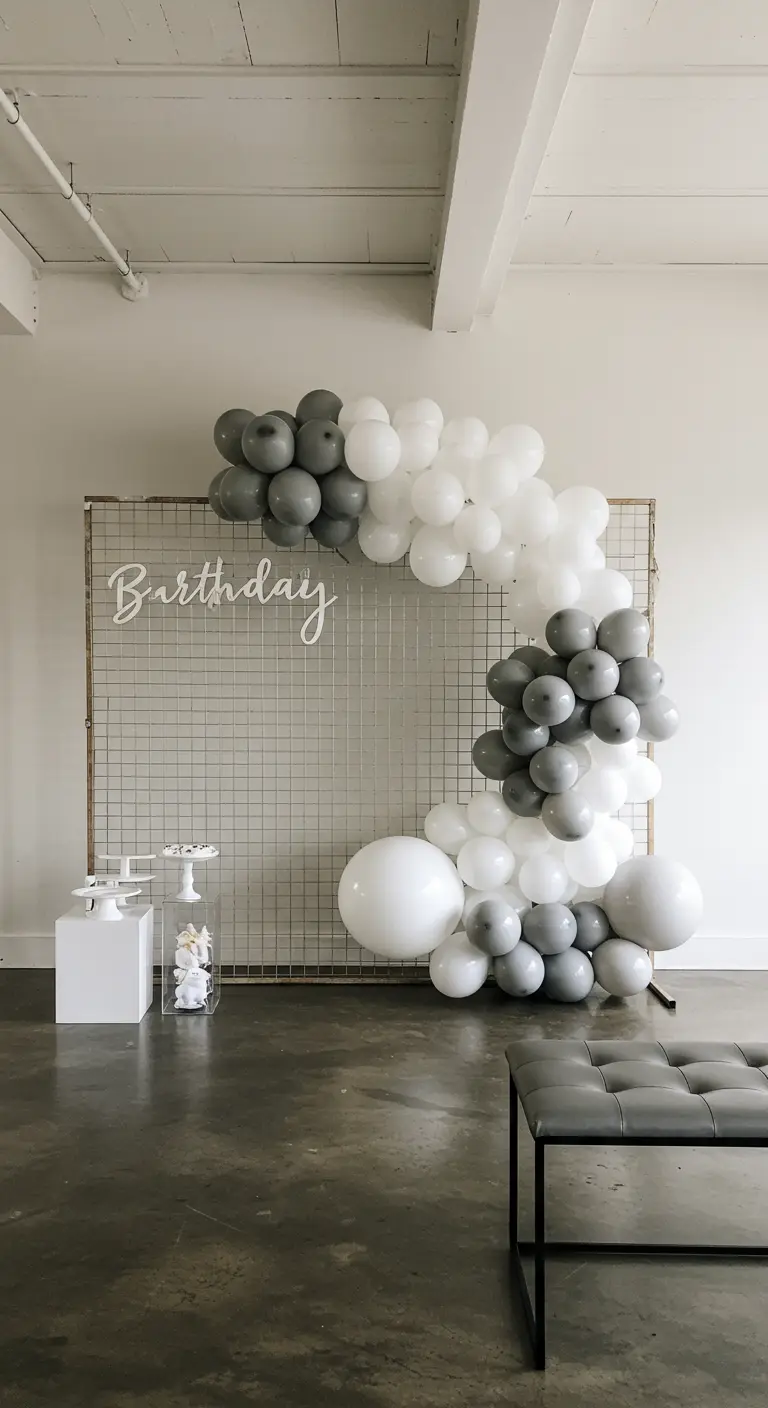 A minimalist balloon garland on a metal grid wall with a white 'Birthday' sign.