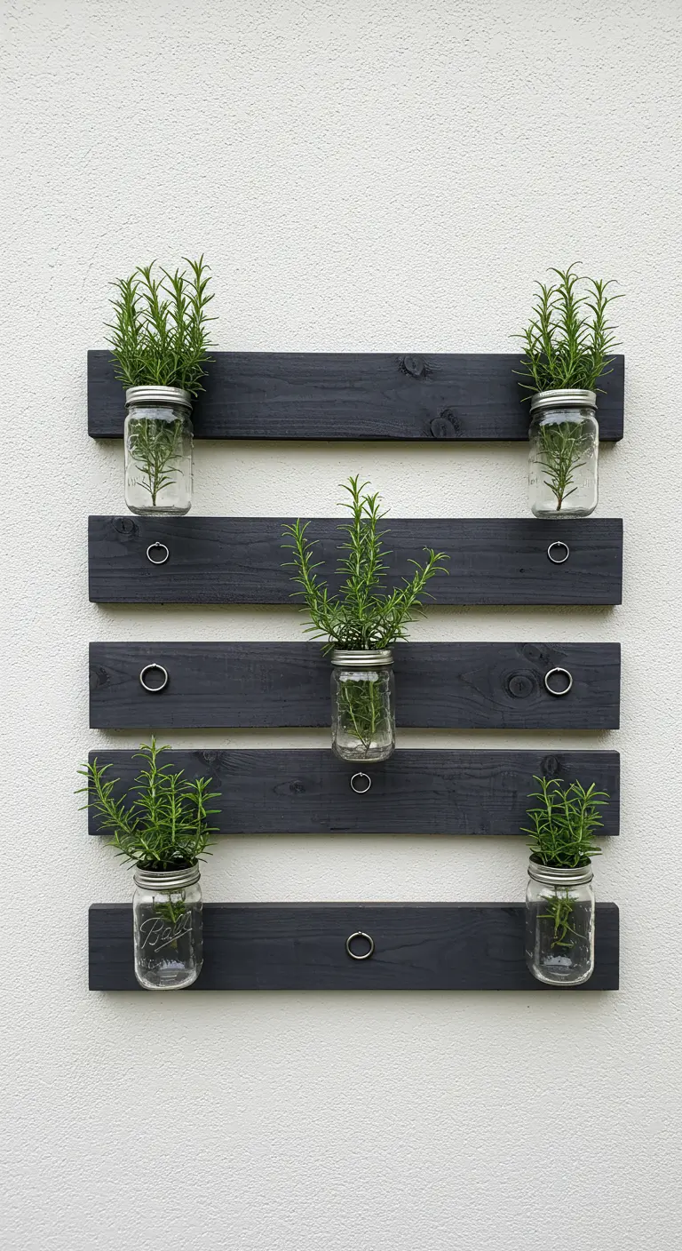 A modern herb garden with black painted planks and rosemary in mason jars against a white wall.