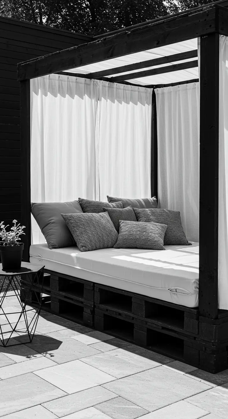 Black pallet daybed with white cushions and curtains in a modern black and white style.