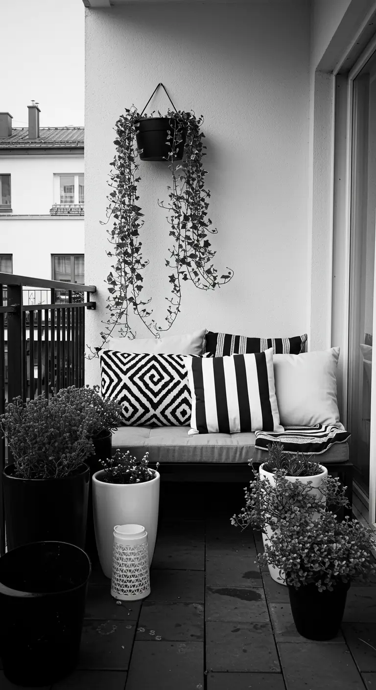 A black and white balcony with geometric cushions, trailing ivy, and black and white pots.