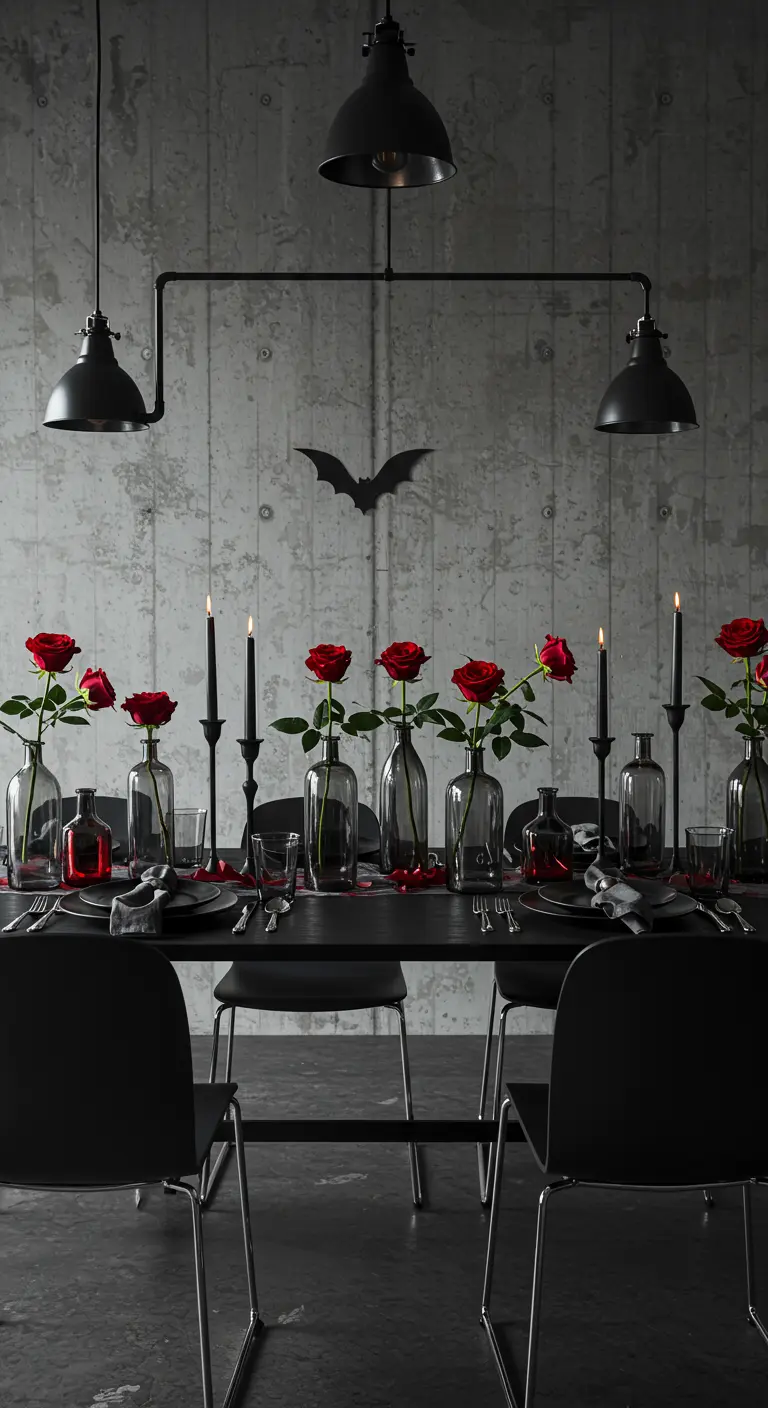 Minimalist Halloween table with single red roses in glass bottles against a concrete wall.