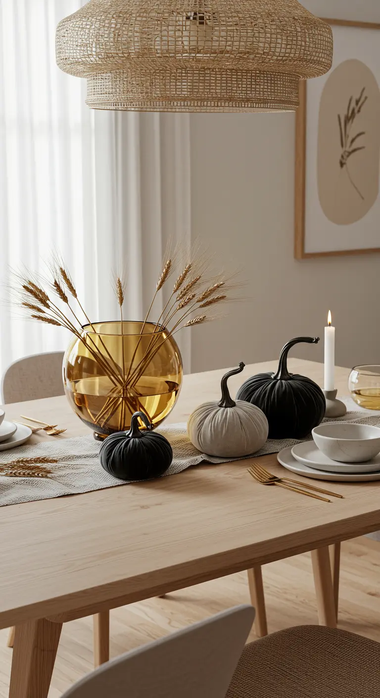 Modern table setting with a round amber vase, wheat, and black and white pumpkins.