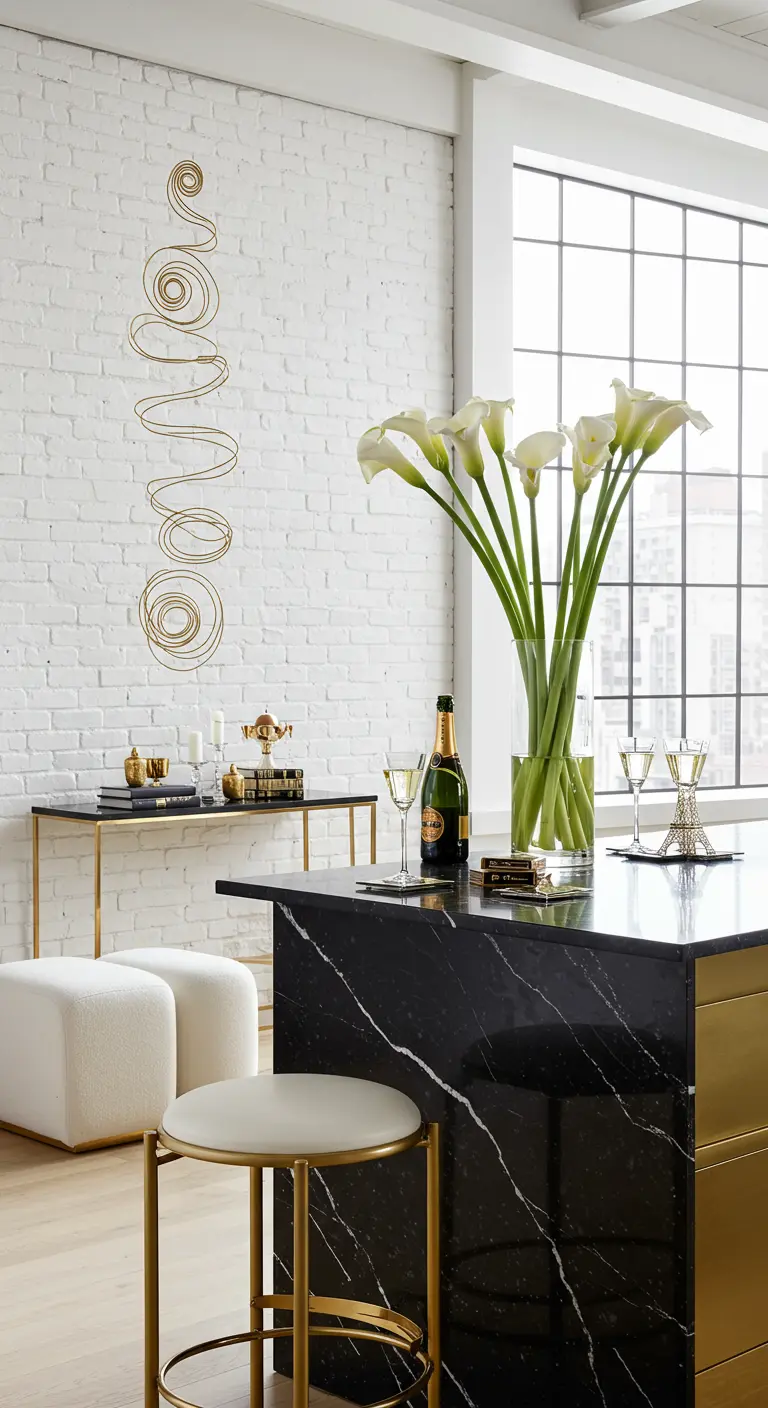 Modern kitchen with white brick, a black marble island, and gold wall art