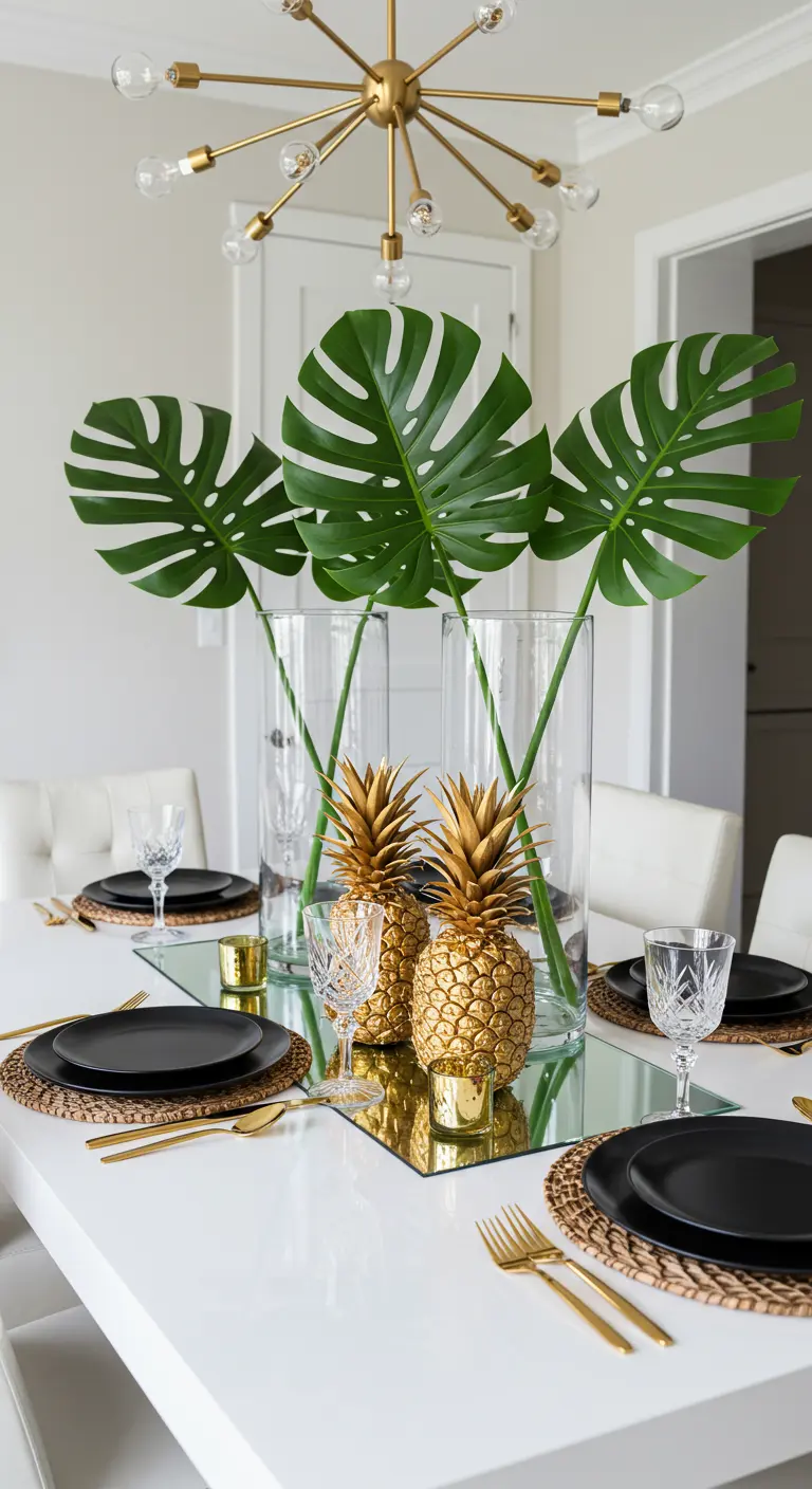 Gold-painted pineapples and monstera leaves on a white dining table