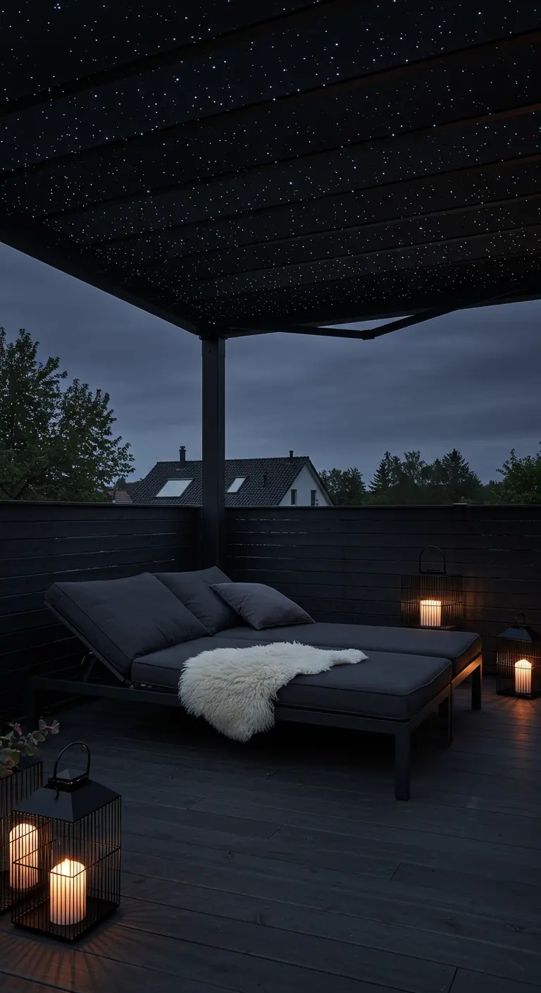 Modern chaise lounges under a black retractable pergola roof with fiber optic stars.