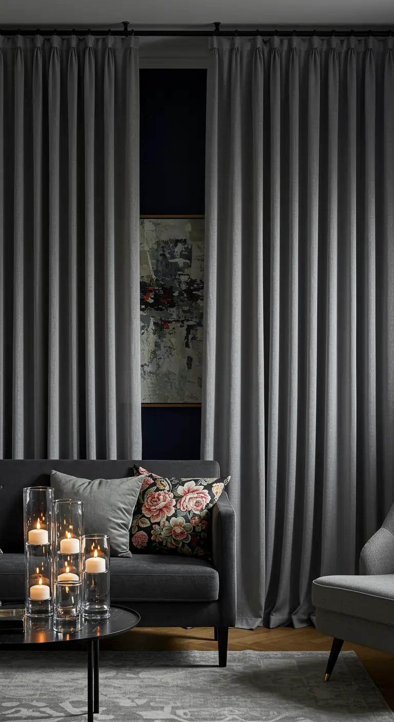Modern grey sofa with a floral pillow, next to floor-to-ceiling grey curtains.