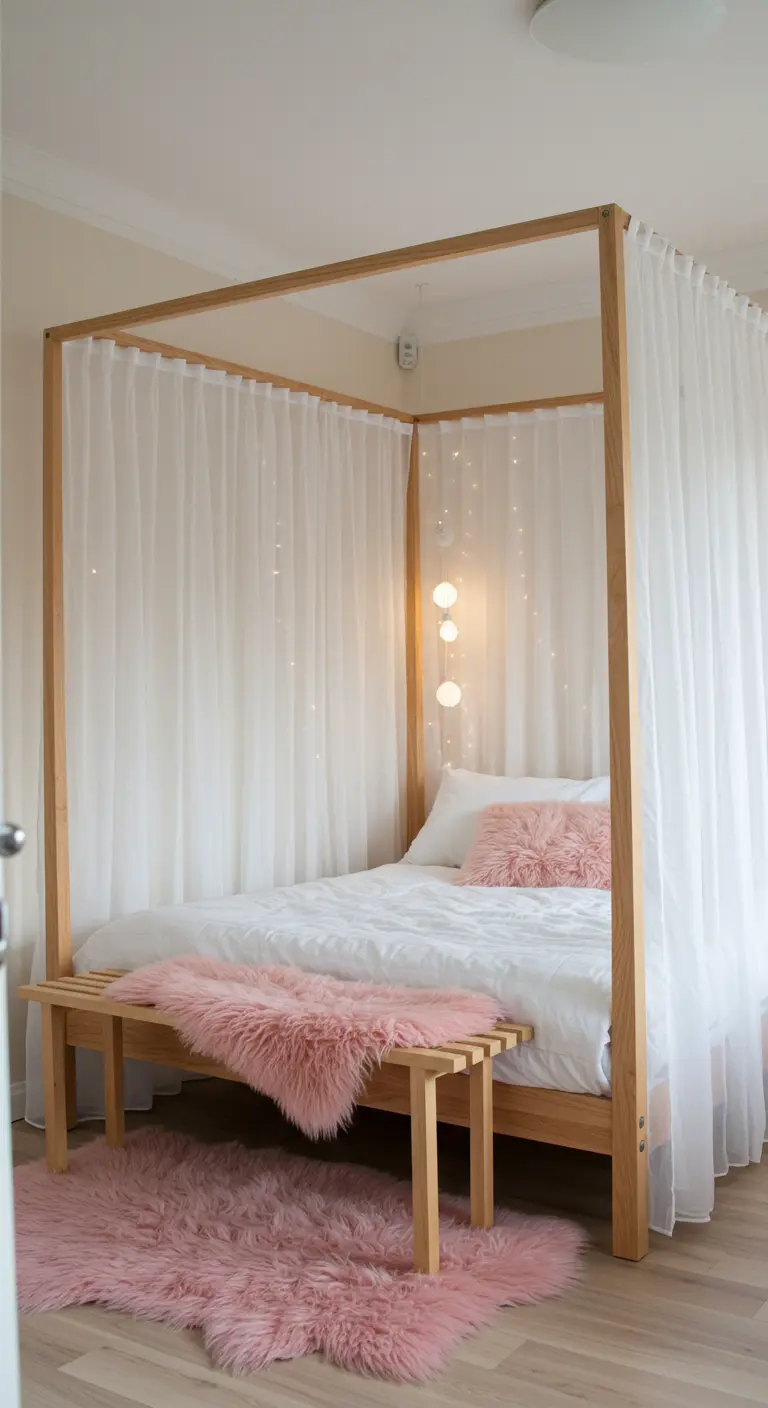 Light wood canopy bed with sheer curtains and pink faux sheepskin.