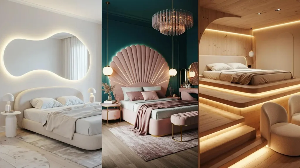 Modern romantic bedrooms with curved furniture, subtle LED backlighting, and elegant design ideas.