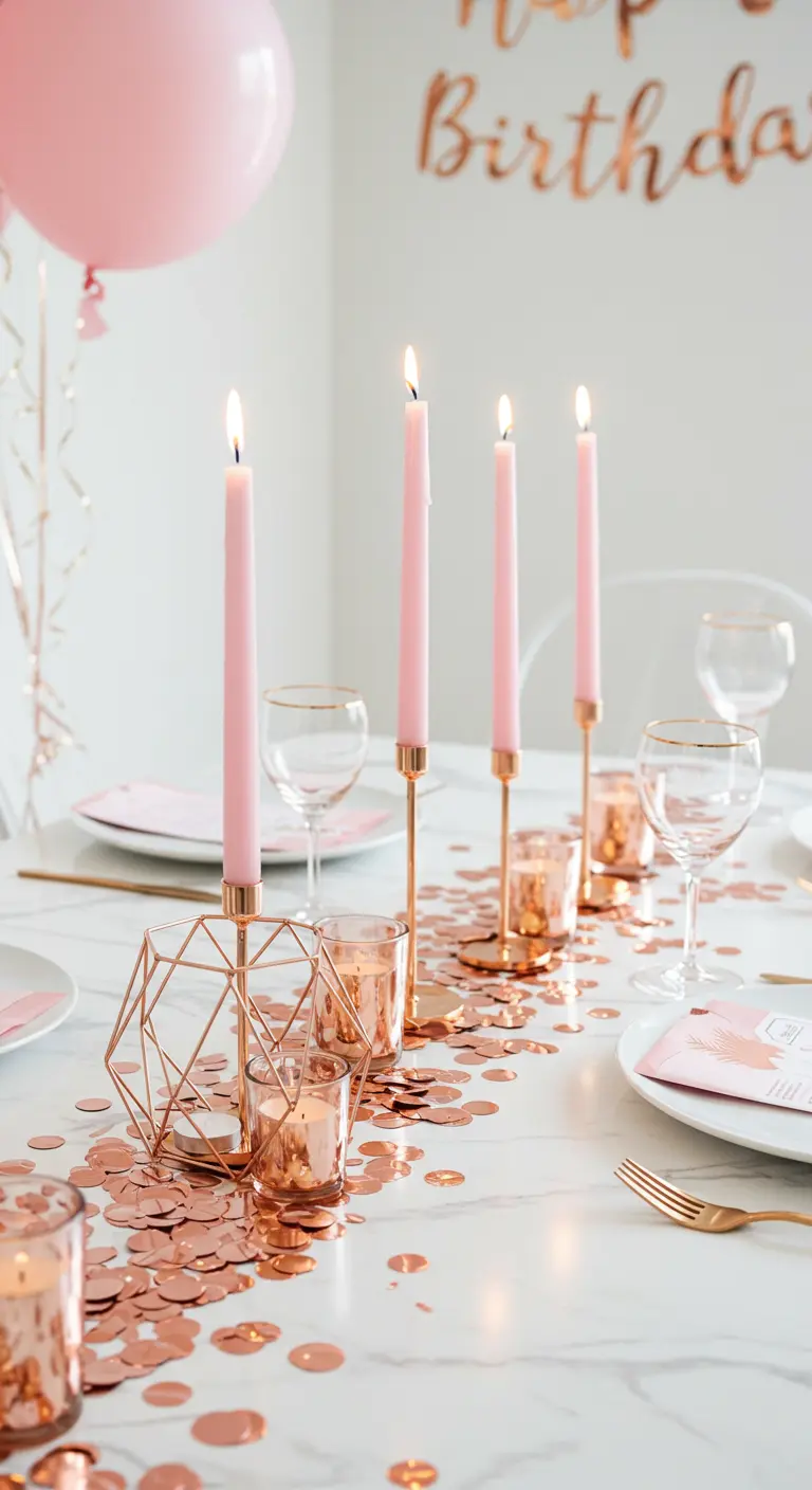 Marble table with rose gold confetti, pink candles, and geometric candle holders.